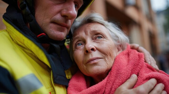 Elderly woman with white hair, wrapped in a pink towel, being comforted by a firefighter. the firefighter is wearing a yellow jacket and a helmet with a visor.