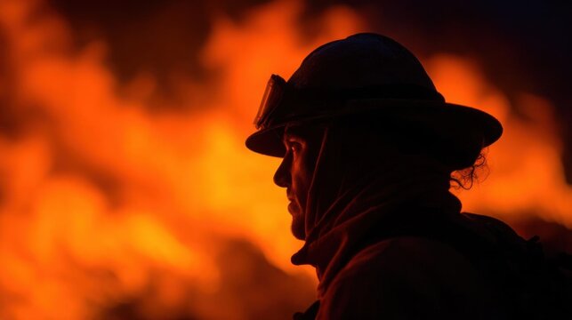 Silhouette of a firefighter standing in front of a raging fire. the firefighter is wearing a helmet and goggles, and is facing towards the right side of the image.