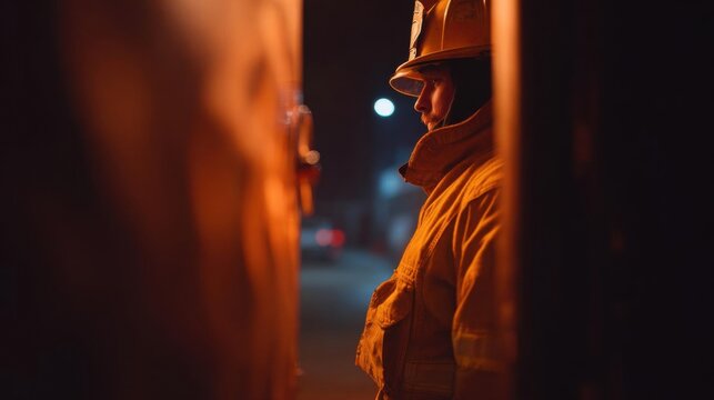 Man wearing a hard hat and a jacket, standing in a doorway at night. he appears to be a firefighter or a construction worker, as he is looking out of the doorway with a serious expression on his face.