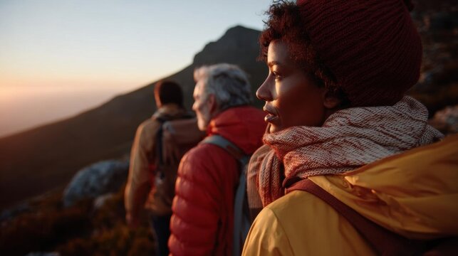 Group of three people standing on top of a mountain at sunset. the person in the foreground is a young woman wearing a red beanie and a yellow jacket, with a scarf around her neck.