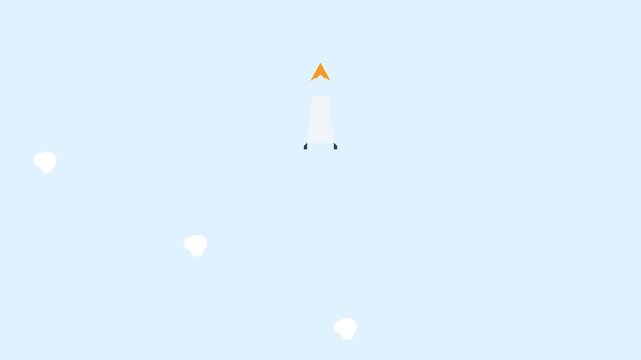 Minimalist flat illustration of a rocket launching into a light blue sky.