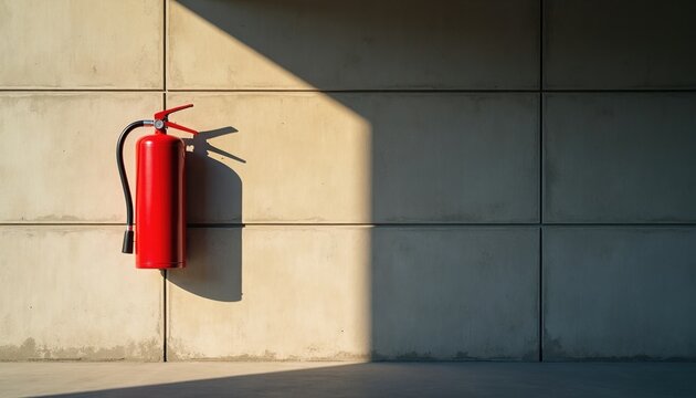 Red fire extinguisher hangs on raw concrete wall inside modern building. Bright sunlight creates sharp contrast with dark shadows on grey surface. Industrial safety equipment mounted for emergency
