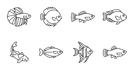 Obraz premium Simple Line Art Fish Icons, Aquatic Animal Vector Collection, Aquarium Pet Silhouettes