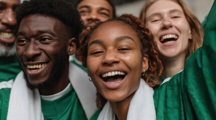 Fototapeta premium Group of four young people, two men and two women, all wearing green graduation gowns and smiling widely.