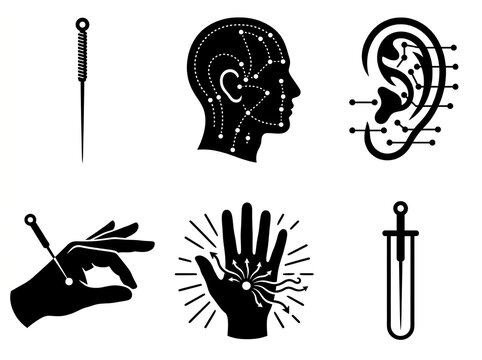 Set of Six Black Acupuncture Icons in Vector Style for Wellness on White Background