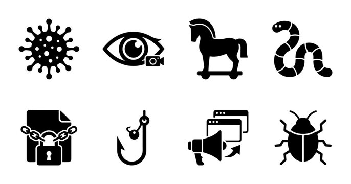 Cybersecurity Icons Set: Virus, Spyware, Trojan Horse, Worm, Malware, Phishing, Data Breach, Bug Icons