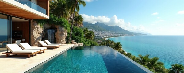 Fototapeta premium Modern luxury villa terrace with infinity pool overlooking ocean, coastal city landscape. Sun loungers sit on wooden deck near rock waterfall. Tropical palms surround hillside retreat with panoramic