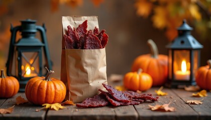 Fototapeta premium Paper bag full of beef jerky on rustic wooden table with pumpkins and lanterns. Autumn fall harvest season snack display. Cozy warm light from candlelit lamps.