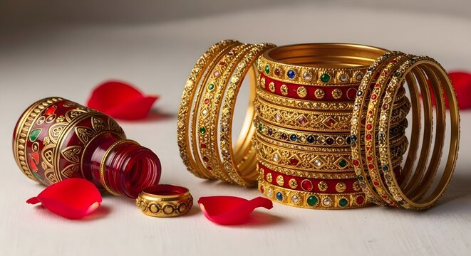 Vibrant gold bangles with precious stones. Colorful Indian jewelry on white surface