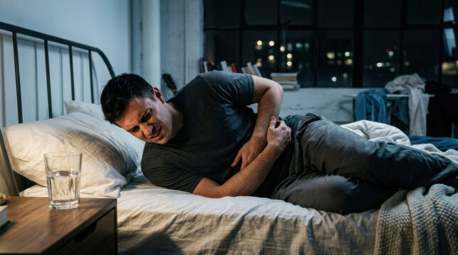 Man Experiencing Stomach Pain Lying On Bed At Night