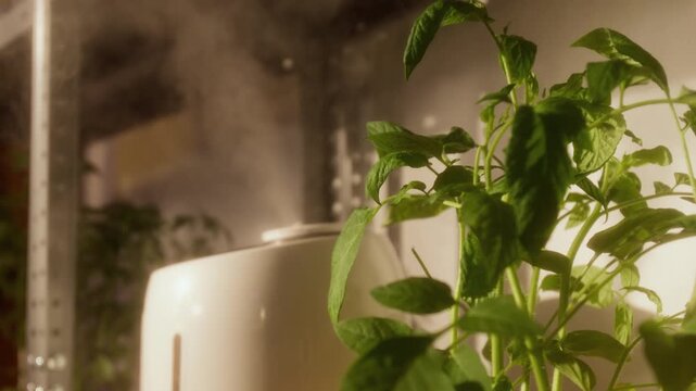 Humidifier spraying mist onto green plant seedlings on indoor shelf. Footage is perfect for commercial advertisements of smart home gardening devices or modern agritech solutions