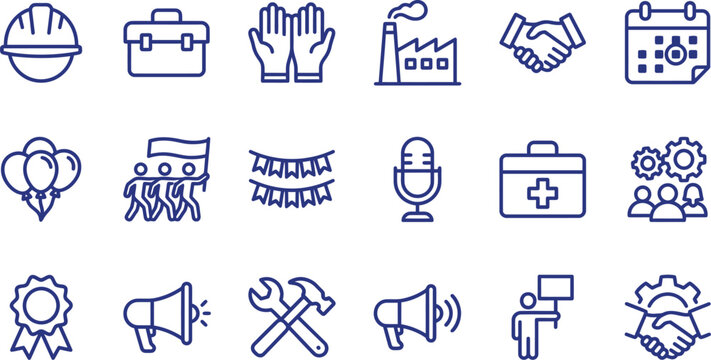 A set of blue line art vector icons representing labor day and various industrial work themes