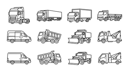 Vector Truck Icons Collection: Commercial Vehicles, Delivery Vans, Dump Trucks, Snow Plows, Tow Trucks, Heavy Duty Transport © Nahid