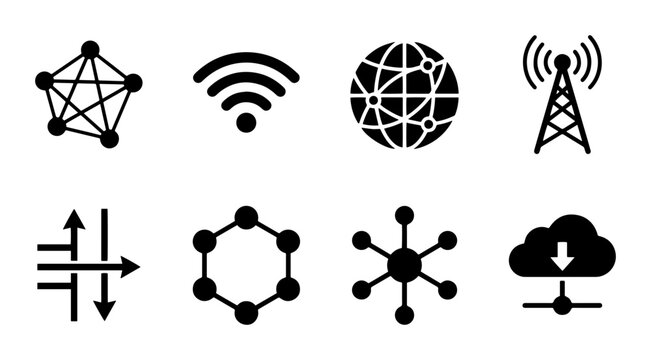 Network Icons Set: Connectivity, Technology, and Data Flow Symbols for Digital Communication and Global Systems