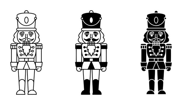 Classic Nutcracker Soldier Icons, Festive Christmas Character Illustrations, Traditional Holiday Toy Figures, Black and White Vector Set