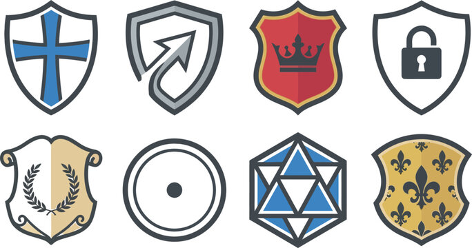 Set of various heraldic shield and icon designs for protection and security themes with protection security heraldry
