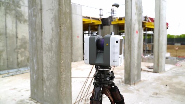 Professional laser scanner mounted on tripod. Concrete pillars frame the construction site. Scanner captures precise 3D data of building structure. No people, animals, or plants in scene