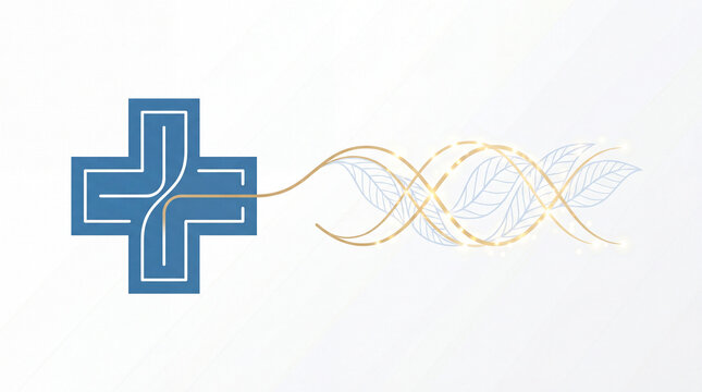 Conceptual illustration of holistic medicine, medical cross connected to natural leaf structures
