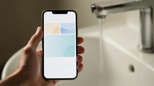 Medium shot focusing on a water damage claim submission app screen on a phone with a dripping faucet softly out of focus behind.