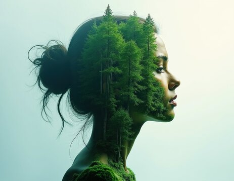 Woman profile merges with forest in double exposure art. Trees grow on female face and neck, blending nature and human form. Creative concept.