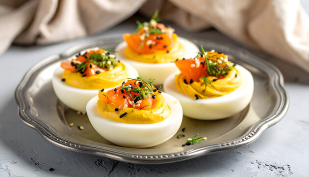Deviled eggs filled with creamy yolk mousse, topped with smoked salmon, dill, sesame seeds and herbs, served on a vintage silver platter, elegant gourmet appetizer, close-up food photography.
