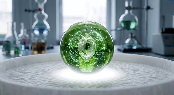 Bioengineered smart seed pod glowing with bioluminescent green microalgae nutrient fluid inside transparent hydrogel sphere in laboratory, generative AI