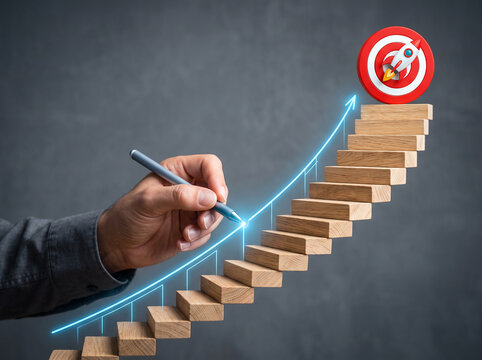 Hand drawing a glowing rising line graph towards a rocket target icon on wooden stairs representing business growth