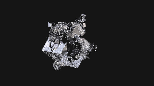 Broken glass cube - broken glass elements on dark environment - 3D Illustration