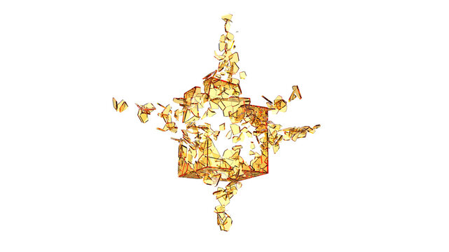 Orange broken glass shapes - glass cube broken into hundreds of pieces - 3D Illustration
