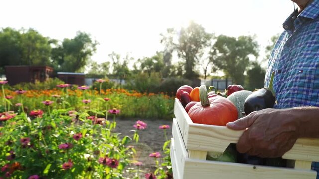 Sunset bathes garden in golden light. Farmer holds wooden crate filled with fresh produce. Hands show calluses, indicating hard work. Vegetables include tomatoes, eggplants, and peppers