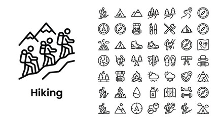Fototapeta premium Hiking and camping line icons set, vector illustration of outdoor activities and adventure equipment