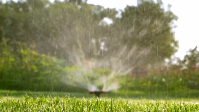 Sprinkler sprays water across vibrant green grass. Trees blur softly behind the watering action. Sunlight glints off misty droplets in slow motion. Gardening scenes benefit from this serene