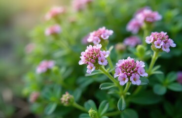 Obraz premium Delicate pink flowers bloom on a green plant in soft sunlight. Tiny petals cluster together forming small flower heads. Leaves provide a lush natural background. This is thyme.