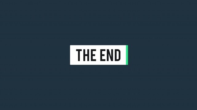 A short and simple animation that starts with a tiny shape in the middle of a dark blue screen that grows into a full rectangular shape with the text, the end.