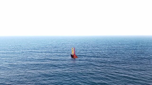 An aerial view of a dredging vessel in open sea during marine construction in Chennai, India 