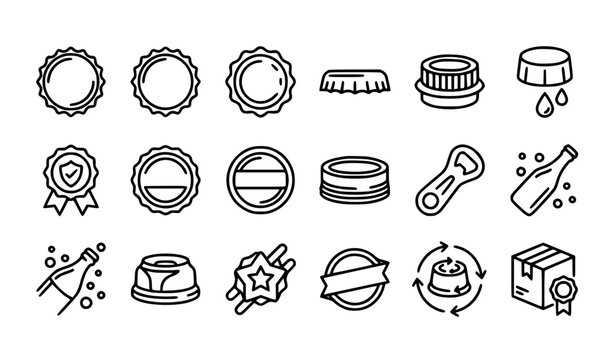 Bottle cap vector icon set featuring aluminum crown cap beverage packaging blank label and editable stroke symbols on white background