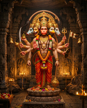 Panchmukhi Hanuman Divine Five Faced Form Inside Ancient Hindu Temple with Sacred Atmosphere