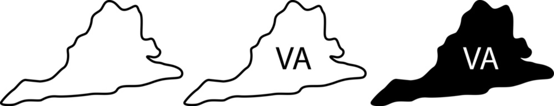 Virginia state map outlines. US state geography icons with VA abbreviation.