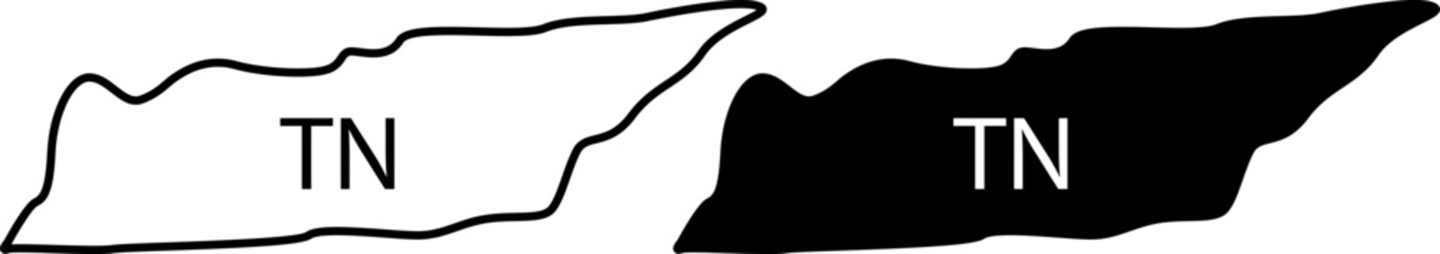 Tennessee state map outline. US region shape with TN abbreviation icon.