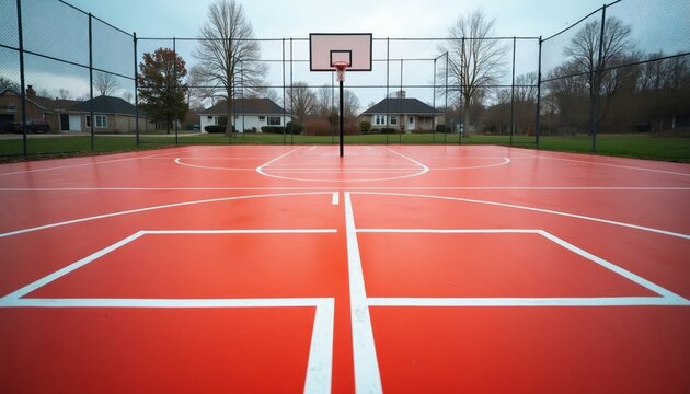 Red basketball court surface outdoors with white lines in quiet neighborhood. Metallic fence surrounds sport field area with hoop. Empty suburban playground for active leisure. Grass lawn,
