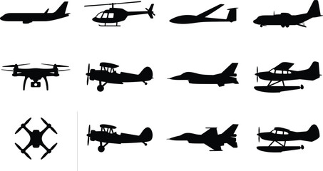 Aircraft Silhouette Vector Collection with Airplanes Helicopters Drones Jets and Aviation Icons © Tahura