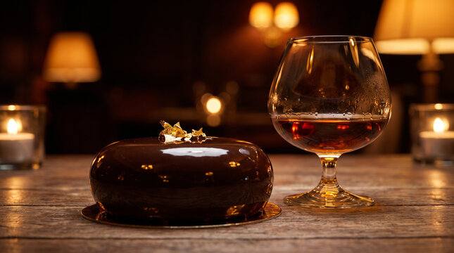 Glossy dark chocolate entremet beautifully topped with pure 24k gold leaf, elegantly served alongside a crystal snifter of premium XO cognac in a warm intimate restaurant.