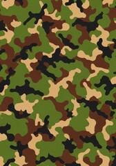 Fototapeta premium A seamless tactical camouflage pattern featuring organic shapes in earthy tones of olive green, deep brown, tan, and charcoal black, gear, wilderness, forest