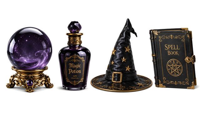 An upscaled hyper-detailed 3D render of isolated witch magic props on white background featuring a purple crystal ball, magic potion bottle, black leather witch hat, and a leather spell book.