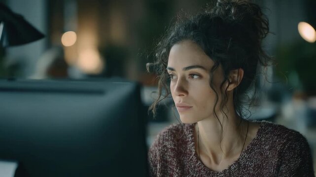 Woman working at a computer in a busy office during evening hours with focus on task and surroundings