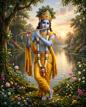 Lord Krishna Playing Divine Flute in Vrindavan Forest with Peacock Feather Crown