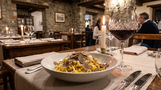 Handmade tagliatelle pasta elegantly topped with shaved black truffles and parmesan, perfectly paired with a large crystal glass of Barolo red wine under warm candlelight.