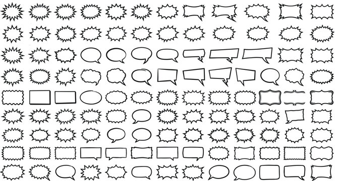 Comic book speech bubbles and explosion bursts collection. Hand drawn vector doodle callout shapes for dialogue, sale banners, graphic design, social media marketing and creative
