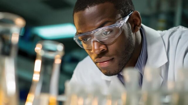 Scientist conducts experiments in laboratory while wearing safety goggles and working with glass beakers and flasks