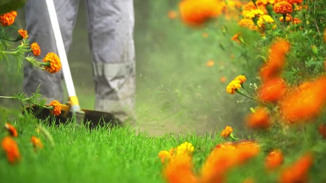 Gardener moves mower through vibrant flowerbeds. Green grass yields to orange blooms under mower's path. Dust rises from freshly cut grass. Sunlit scene suggests warm, active gardening
